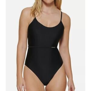 Calvin Klein BLACK Over-the-Shoulder Solid Black One-Piece Swimsuit US 10 NWT